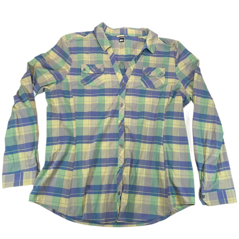 REI Women’s Plaid Snap Button Down Hiking Shirt Blue Green XL